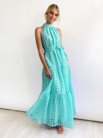 Halter Neck Tie-waist Tiered Maxi Dress