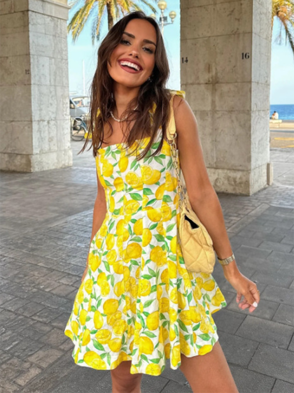 Lemon Print Halter Mini Dress