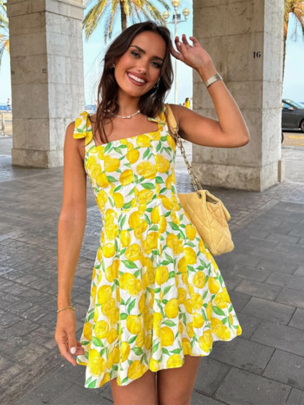 Lemon Print Halter Mini Dress