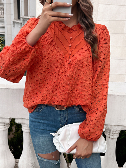 Hollow Look Puff Sleeve Embroidered Top