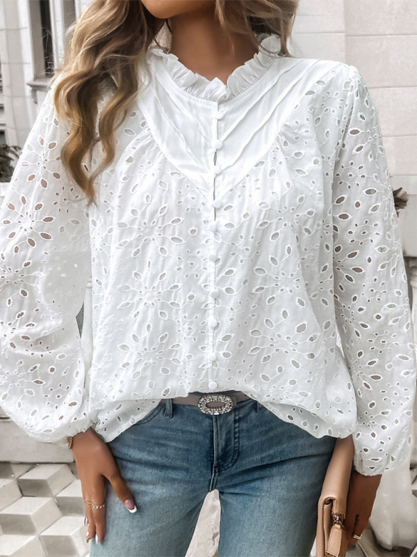 Hollow Look Puff Sleeve Embroidered Top