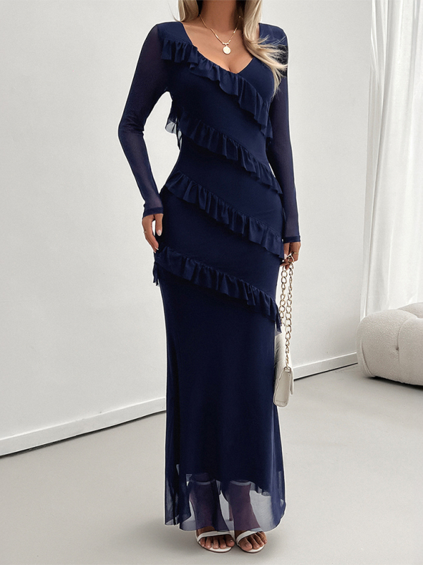 Long-sleeve Temperament Slim Mesh V-neck Maxi Dress