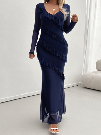 Long-sleeve Temperament Slim Mesh V-neck Maxi Dress