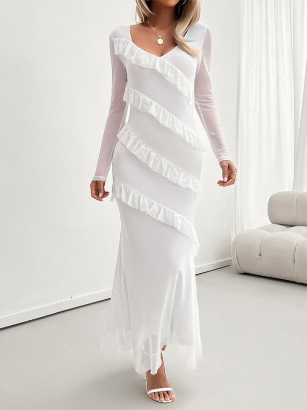 Long-sleeve Temperament Slim Mesh V-neck Maxi Dress