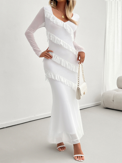 Long-sleeve Temperament Slim Mesh V-neck Maxi Dress