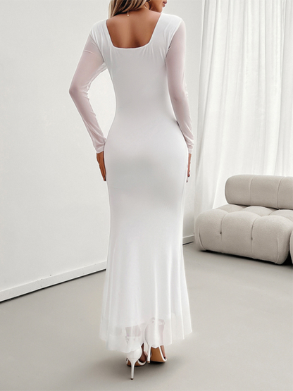 Long-sleeve Temperament Slim Mesh V-neck Maxi Dress