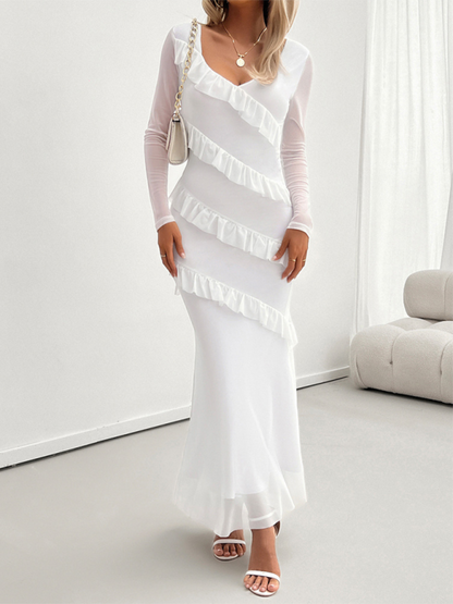 Long-sleeve Temperament Slim Mesh V-neck Maxi Dress