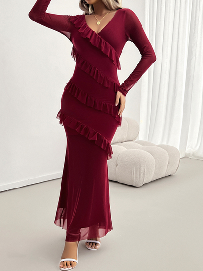 Long-sleeve Temperament Slim Mesh V-neck Maxi Dress