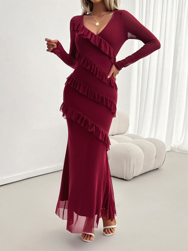 Long-sleeve Temperament Slim Mesh V-neck Maxi Dress