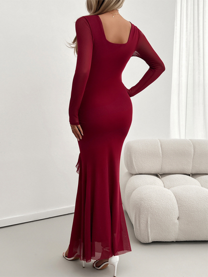 Long-sleeve Temperament Slim Mesh V-neck Maxi Dress