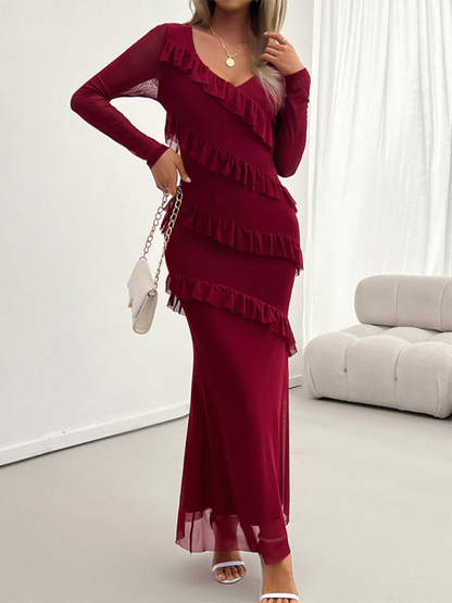 Long-sleeve Temperament Slim Mesh V-neck Maxi Dress