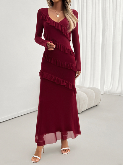 Long-sleeve Temperament Slim Mesh V-neck Maxi Dress