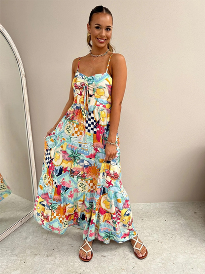 Halter Neck Vacation Print Casual Maxi Dress