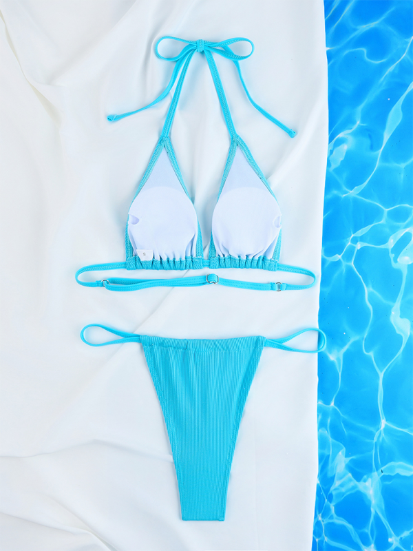 Simple Sexy Ribbed Solid Color Gathered Bikini