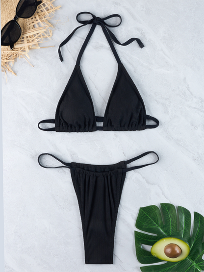 Simple Sexy Ribbed Solid Color Gathered Bikini