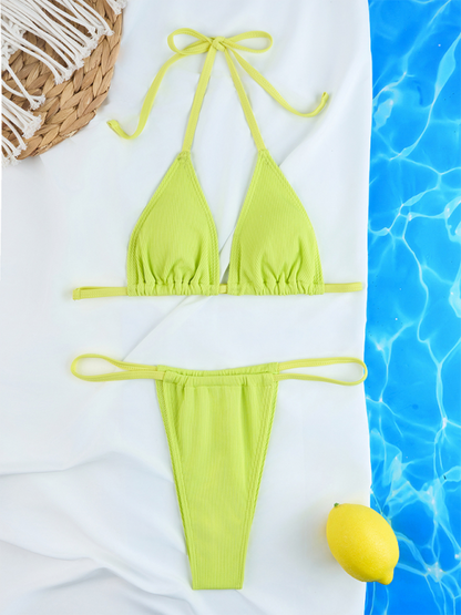 Simple Sexy Ribbed Solid Color Gathered Bikini