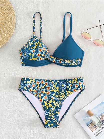 Color Matching Print Boxer Cross Bikini Swimsuit