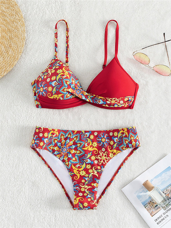 Color Matching Print Boxer Cross Bikini Swimsuit