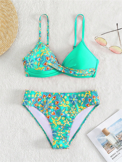 Color Matching Print Boxer Cross Bikini Swimsuit