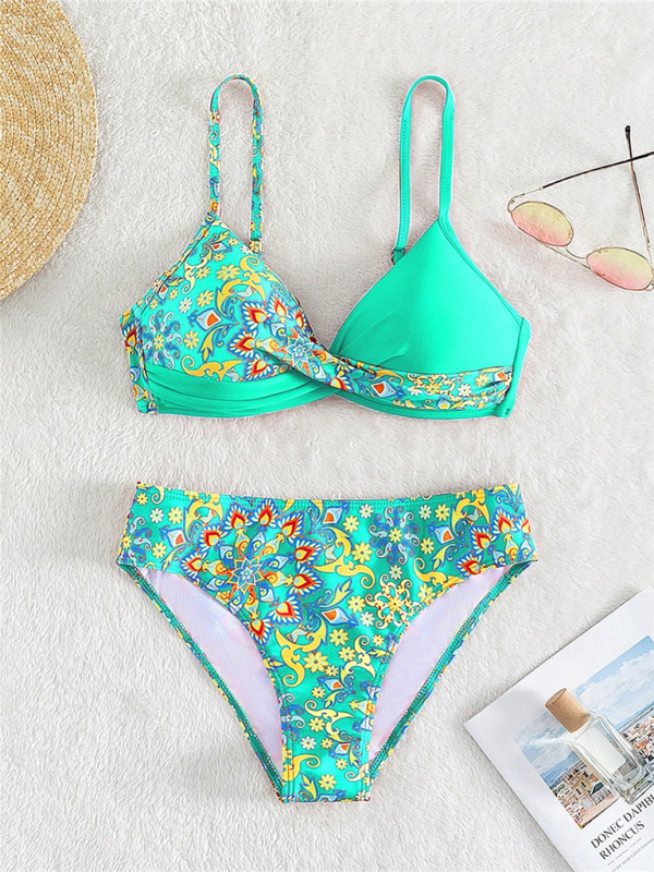 Color Matching Print Boxer Cross Bikini Swimsuit