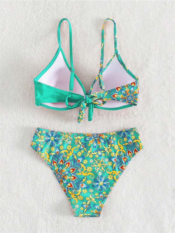 Color Matching Print Boxer Cross Bikini Swimsuit