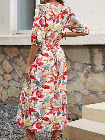 Button Style A-Line V-Neck Floral Print Midi Dress