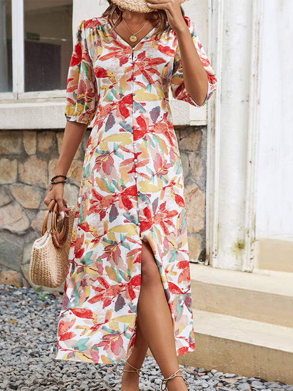 Button Style A-Line V-Neck Floral Print Midi Dress