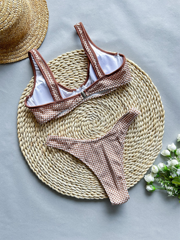 Brown Plaid V-waist Sexy Bikini Swimsuit