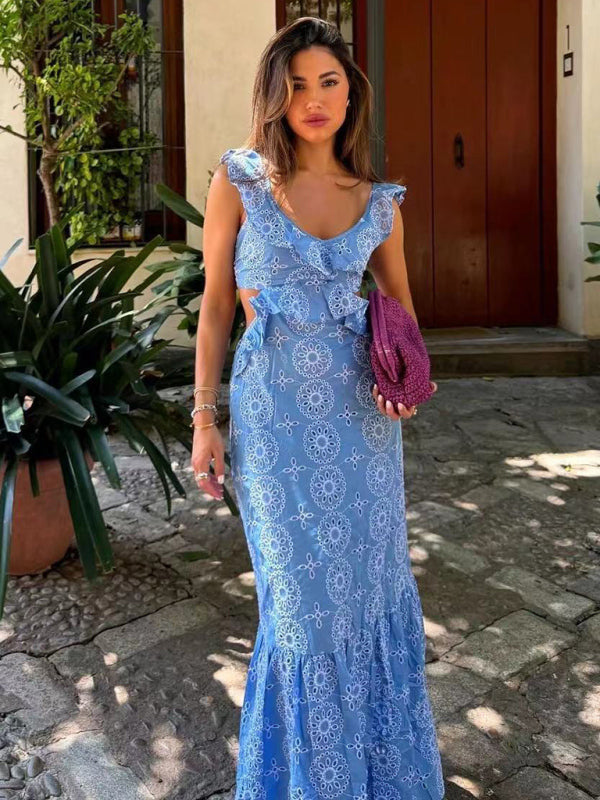 Heavy Embroidery Layered Cut-out Maxi Dress