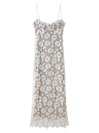 White Lace Mesh Halter Style Maxi Party Dress