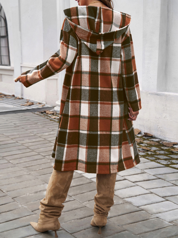 Loose Check Contrast Color Buttoned Hooded Jacket