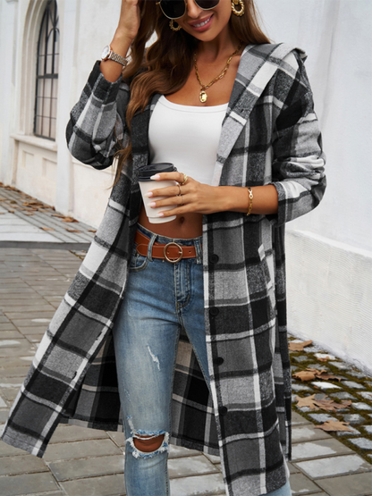 Loose Check Contrast Color Buttoned Hooded Jacket