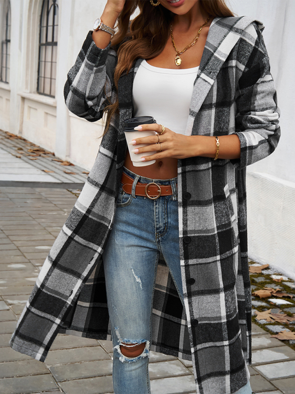 Loose Check Contrast Color Buttoned Hooded Jacket