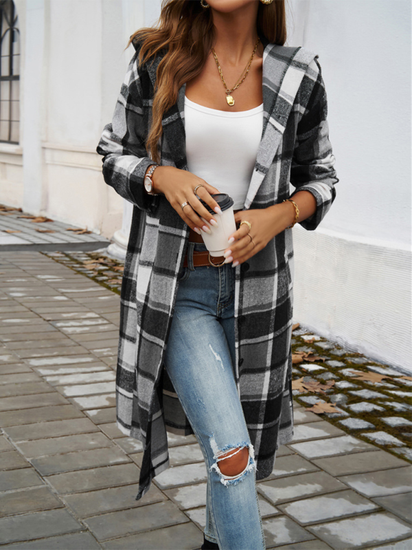 Loose Check Contrast Color Buttoned Hooded Jacket