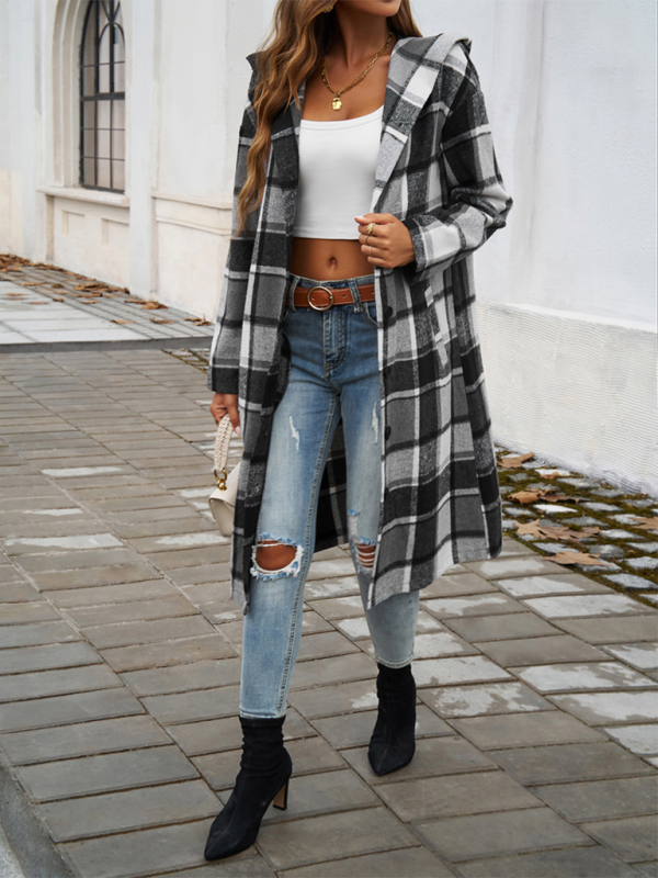 Loose Check Contrast Color Buttoned Hooded Jacket