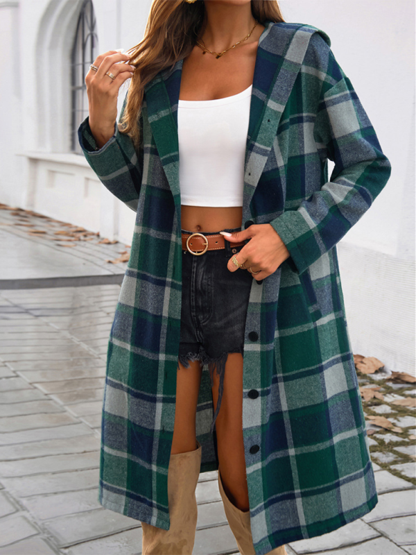 Loose Check Contrast Color Buttoned Hooded Jacket