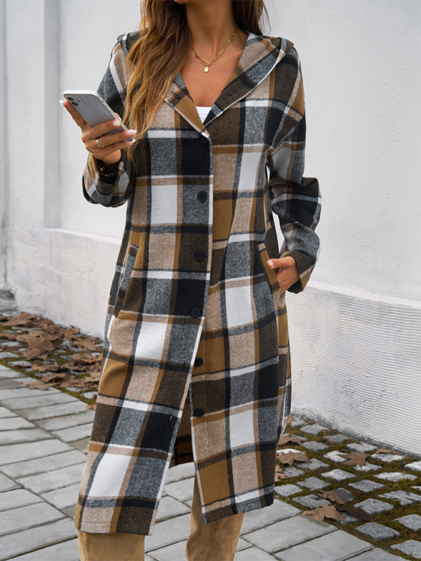 Loose Check Contrast Color Buttoned Hooded Jacket