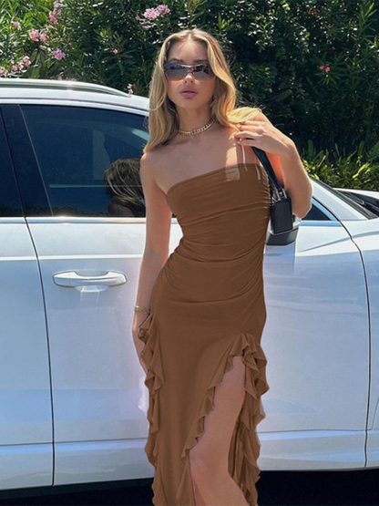 Tube Top Style Hip-hugging Irregular Cut Midi Dress