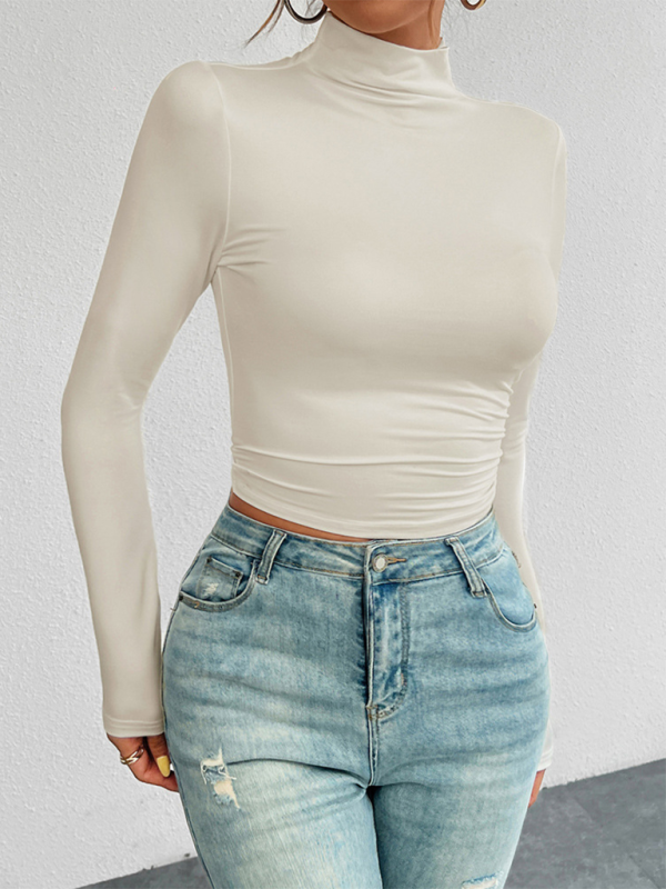 Y2K Slim Fit Solid Color Knitted Bottom Long Sleeve Top