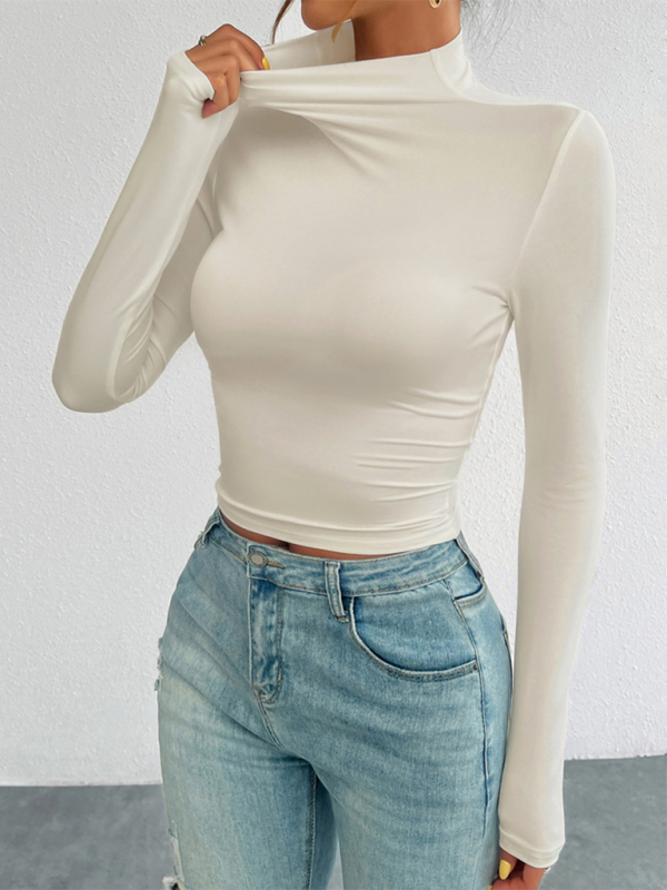 Y2K Slim Fit Solid Color Knitted Bottom Long Sleeve Top