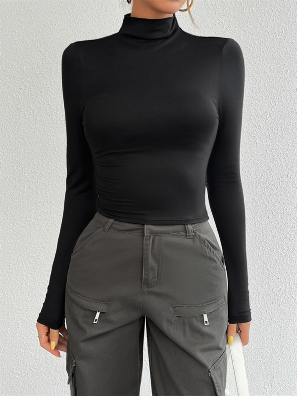 Y2K Slim Fit Solid Color Knitted Bottom Long Sleeve Top