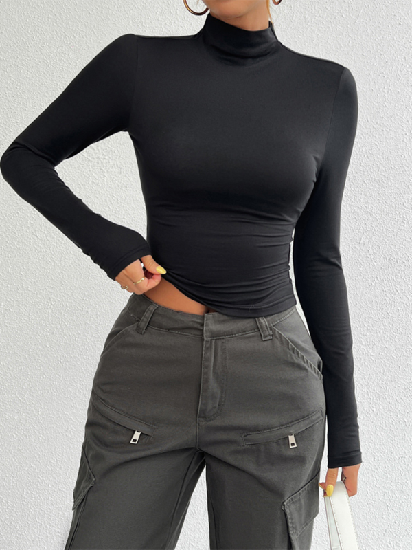 Y2K Slim Fit Solid Color Knitted Bottom Long Sleeve Top