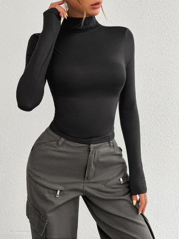 Y2K Slim Fit Solid Color Knitted Bottom Long Sleeve Top