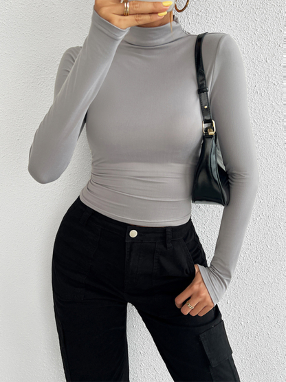 Y2K Slim Fit Solid Color Knitted Bottom Long Sleeve Top