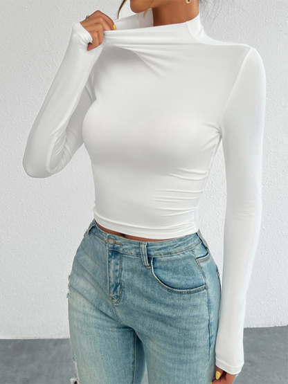 Y2K Slim Fit Solid Color Knitted Bottom Long Sleeve Top