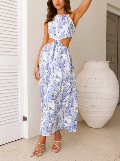 Lace-up Halterneck Ink-print Waist-baring Maxi Dress