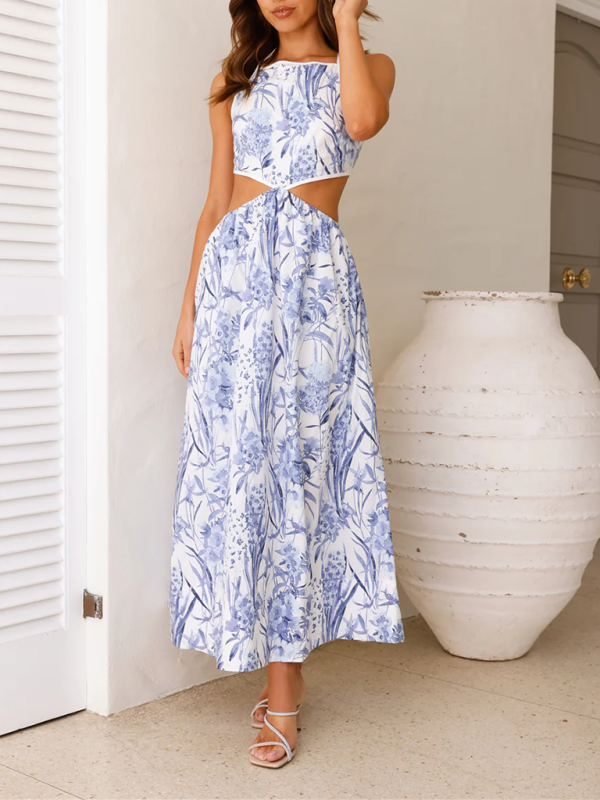 Lace-up Halterneck Ink-print Waist-baring Maxi Dress