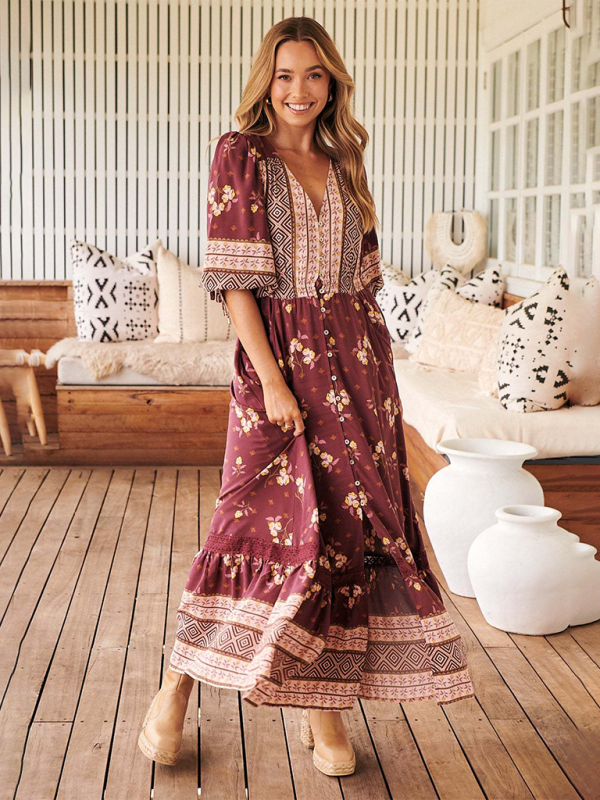 Bohemian Print Sexy V-Neck Button-Down Maxi Dress