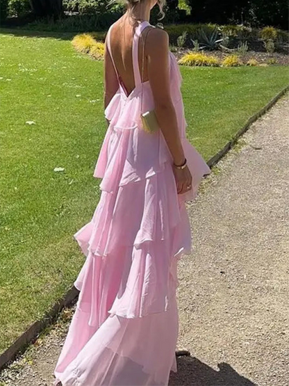 Sweet Pink Halter Neck Backless Layered Cake Elegant Maxi Dress