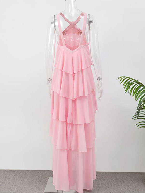 Sweet Pink Halter Neck Backless Layered Cake Elegant Maxi Dress